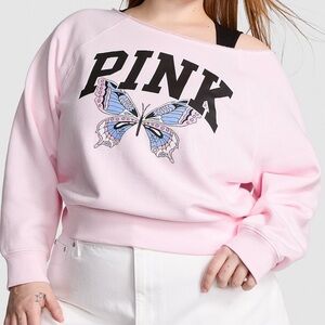 NWT PINK BY VS Ivy Fleece Off the Shoulder Sweatshirt Pink Tulip Butterfly Print